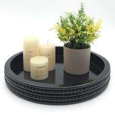 three candles are sitting on a tray next to a potted plant