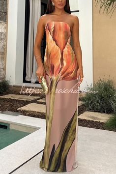 Beautiful Melody Chiffon Floral Print Bandeau Loose Maxi Dress Tube Maxi Dresses, Bandeau Maxi Dress, Loose Maxi Dress, Chiffon Floral, Sleeveless Bodycon Dress, Strapless Maxi, Strapless Maxi Dress, Pink Maxi Dress, Floral Chiffon