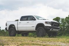 a white truck parked on top of a grass covered field in front of some trees