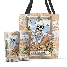 two coffee mugs and a tote bag with a skeleton reading the reader on it