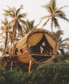 a woman sitting on top of a wooden structure surrounded by palm trees