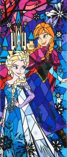 two frozen princesses standing next to each other in front of a stained glass window