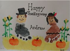 a child's thanksgiving card with two people and pumpkins