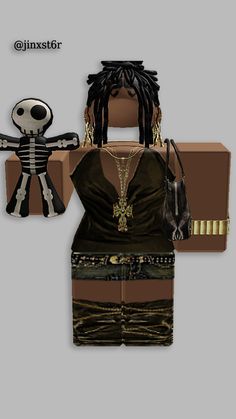 a paper doll with dreadlocks and a skeleton on it's chest, standing next to a cardboard box