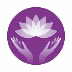 two hands holding a flower in a purple circle with white leaves on the top and bottom