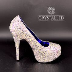 "Fully crystal embellished clear (silver) crystal and crystal AB platform stilettos.  Brand new Pleaser Bordello Teeze platform heels fully embellished in high-grade glass rhinestones.  Heel height approx. 6\" on a 2\" platform sole. Perfect for bridal, party, drag or stage wear. These look amazing under lights!   Very, very sparkly!  EU 39 / UK 6 True to size.  Happy to supply more photos or video.  Sent boxed with dust bags. Already made ready for immediate dispatch" Glamorous Crystal Heels With Round Toe, Crystal Heels With Round Toe For Party, Silver Crystal High Heels, Crystal High Heels With Bling, Crystal Heels With Bling And Round Toe, Crystal Bling Heels With Round Toe, Silver Crystal Heels For Party, Silver Crystal Sparkling Heels, Silver Sparkling Crystal Heels