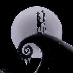 two people standing on top of a wave in front of a full moon with icicles