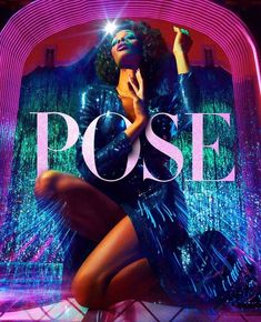 a woman sitting on the ground in front of a neon sign that says pose