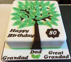 a birthday cake decorated with an 80 year tree and the words happy birthday dad great grandad