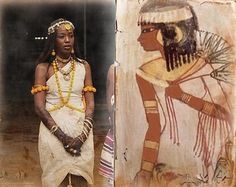 an ancient woman standing in front of a wall painting and another image of the same woman