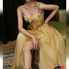 Questions? Leave A Comment Below! Neutral Color Prom Dresses, High Femme Outfits, Beauty And The Beast Inspired Dress, Princess Tiana Dress Prom, Midsummer Nights Dream Dress, Big Prom Dresses Ball Gowns, Sun Themed Dress, Fancy Yellow Dress, Brown Fancy Dress