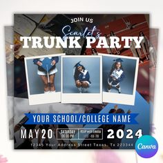 Celebrate in style with our customizable Trunk Party Flyer! Perfect for sending out invites to your big event, this eye-catching design is easy to edit and personalize. Ideal for graduates and college-bound students, this template ensures your send-off party stands out. Download, edit, and print--it's that simple!"" *NOTE* This Is A Digital Product. No Physical Item Will Be Shipped. You Can Get The Files Right After Your Purchase. You Don't Need To Wait For Shipping. Simply Download The Zip Fold Trunk Party, College Names, Party Stand, College Party, Graduation Party Invitation, Social Media Flyer, Graduation Party Invitations, Party Invites, Party Flyer