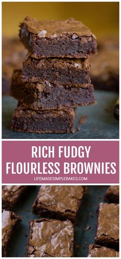 rich fudgey flourless brownies stacked on top of each other with text overlay