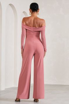 Kyla Blush Pink Ruched Bardot Long-Sleeved Wide-Leg Maternity Jumpsuit – Club L London - USA Ruched Jumpsuit, Sleek Bun, Bardot Neckline, Maternity Jumpsuit, Pink Shade, Perfect Baby Shower, Information Design, Mesh Sleeves, Invisible Zip