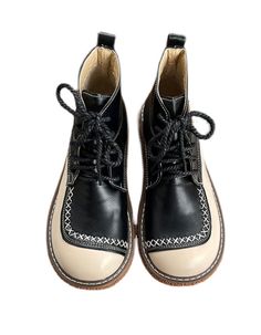 Color Matching Thick-soled Lace-Up Round Toe Boots — Obiono Black Lace-up Boots With Stitched Sole For Fall, Black Martin Boots With Round Toe For Spring, Casual Brogue Boots With Closed Toe, Black Stitched Sole Lace-up Boots For Fall, Black Lace-up Boots With Round Toe, Black Brogue Boots With Closed Toe, Black Brogue Closed Toe Boots, Black Brogue Detailed Closed Toe Boots, Casual Black Boots With Brogue Detailing