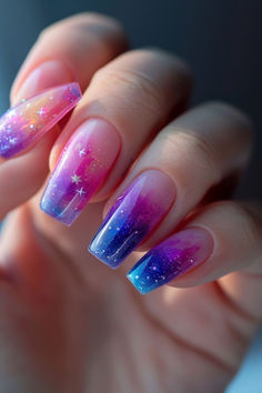 Milky French Nail Designs: Nebula Hues Cute Ombre Nail Designs, Pink Galaxy Nails, Blue And Pink Ombre Nails, Purple Cloud Nails, Pink And Blue Ombre Nails, Ombre Nails French, Blue Pink Nails, Pink And Blue Nails, Purple And Pink Nails