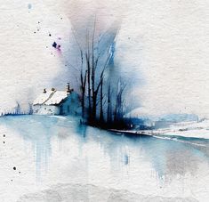 a watercolor painting of a house on the shore with trees in front of it