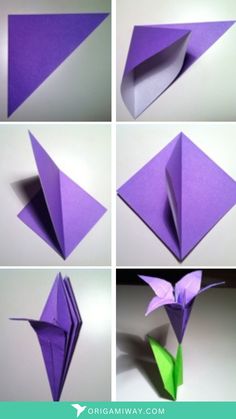 An origami paper violet iris flower Purple Origami Flower, Paper Origami Flowers Easy, Small Paper Flowers Diy, Origami Flower Bouquet, Paper Origami Flowers, Origami Flowers Tutorial, Paper Projects Diy