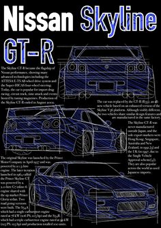 the nissan skyline gt - r blueprint is shown in black and white, with an outline