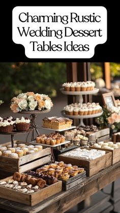 Rustic wedding dessert table with wooden crates, vintage cake stands, and an assortment of charming treats displayed for guests. Wedding Rehearsal Dessert Ideas, Youngstown Cookie Table, Wedding Cookie Table Ideas, Pan Dulce Table Wedding, Rustic Wedding Dessert Table Ideas, Rustic Wedding Dessert Table, Larry Wedding, Rustic Wooden Crates, Sweets Table Ideas