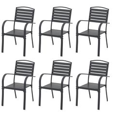 six black metal chairs sitting next to each other