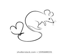 a rat with a heart shaped tail on it's back, drawn in black and white