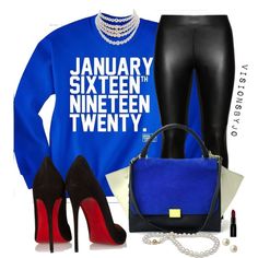 a blue sweater, black pants and red heels are featured in this fashion lookbook