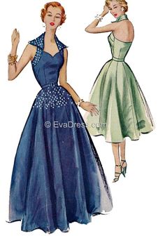 1953 Evening Gown E50-9508 Evening Gown Pattern, Full Flared Skirt, Patron Vintage, Vestidos Retro, Wing Collar, Gown Pattern, Vintage Dress Patterns, Halter Gown, Fashion 1950s