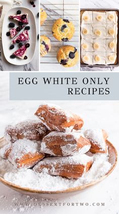 an egg white only recipe with blueberries and powdered sugar on top, in the middle