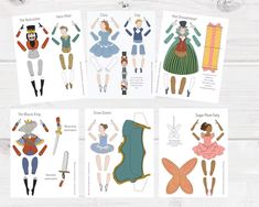 four paper dolls with different costumes on them