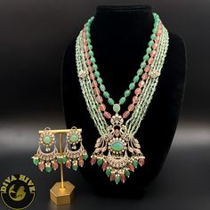 Premium Moissanite Layered Necklace | Rani Haar Necklace | Diva Exclusive Necklace - Necklace -Bridal Green Necklace With Peacock Design For Diwali, Green Peacock Design Necklace For Diwali, Green Peacock Design Jewelry For Party, Green Bollywood Necklace With Peacock Design, Green Bollywood Necklaces With Peacock Design, Green Bridal Necklace With Peacock Design For Gift, Green Bridal Necklace With Peacock Design, Elegant Pink Jewelry With Peacock Design, Elegant Pink Peacock Design Jewelry