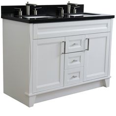 a white bathroom vanity with two sinks and black countertop on the top, against a white background