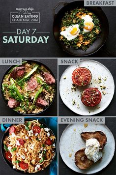 four different pictures of food and the words clean eating challenge day 7, saturday to sunday