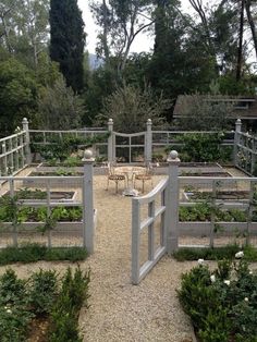 an outdoor garden with several different types of plants and seating areas in the middle of it