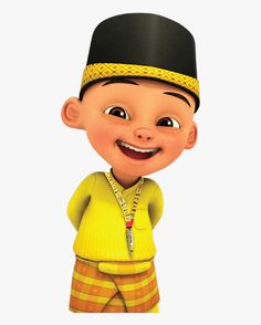 a cartoon character wearing a yellow outfit and black hat, standing in front of a white background