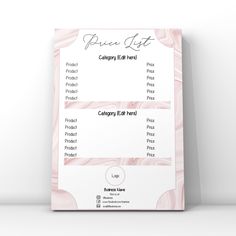 a pink and white menu for a catering event