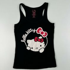 Y2k Cotton Racerback Tank Top, Y2k Style Cotton Racerback Tank Top, Fitted Cotton Hello Kitty Top, Cute Black Cotton Tank Top, Y2k Sleeveless Top With Hello Kitty Print, Fitted Black Hello Kitty Top, Fitted Black Hello Kitty Print Top, Cute Cotton Racerback Tank Top, Fitted Black Top With Hello Kitty Print