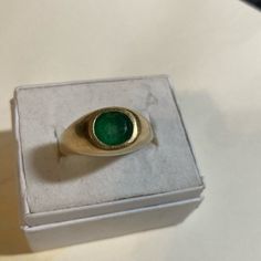 Jeweler Tested For A Gold Purity .743. Scratches Per Pics. Appears To Have Been Scratched Into For Testing. Size 9 1/2. Very Comfortable Fit. Average Quality Emerald. Shows Wear. Modern Round Emerald Ring For Formal Occasions, Elegant Green Signet Ring With Bezel Setting, Emerald Signet Ring With Prong Setting, Classic Round Emerald Ring, Classic Hallmarked Emerald Ring For Formal Occasions, Classic Hallmarked Emerald Ring With Round Band, Green Round Signet Ring With Prong Setting, Classic Stamped 14k Emerald Ring, Classic Emerald Signet Ring For Formal Occasions