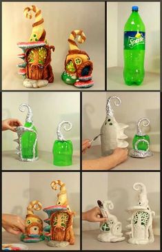 there are many pictures of different items made out of plastic bottles