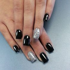 Black And Silver Nails, Black Silver Nails, Silver Nail Designs, Nails With Glitter, Milky Nails, Silver Nail, Nails Prom, Black Nail Designs