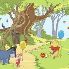 winnie the pooh and her friends are playing in the park with balloons, watermelon