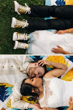 a couple laying in the grass with their feet on each other's chests