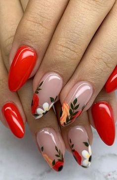 Crazy Design, Nagellack Trends, Red Acrylic Nails, Floral Nail Designs, Floral Nail Art, Red Nail Designs, Floral Nails, Nail Arts