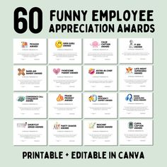 the 50 funny employee appreciation awards are on display in front of a green background with black and