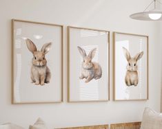 three framed pictures of bunnies hanging on the wall in a room with white walls