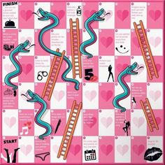 a pink and blue checkered pattern with various items on it, including a ladder