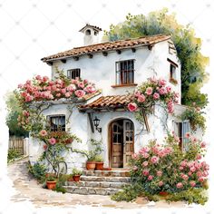 a watercolor painting of a house with flowers on the front and side of it