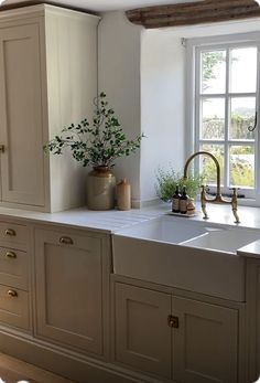 a kitchen sink sitting under a window next to a potted plant on top of a counter