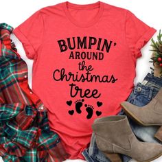 a red shirt with the words bumpin'around the christmas tree on it and some plaid