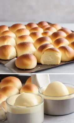 bread rolls being baked on a baking sheet with butter in the pan next to them